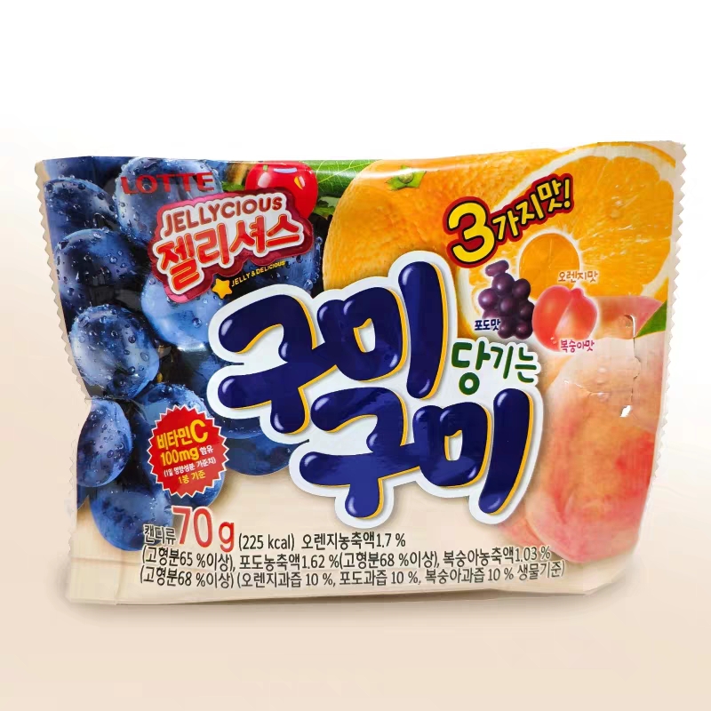 乐天混合水果味QQ糖70g韩国进口零食橙子葡萄桃子味软糖