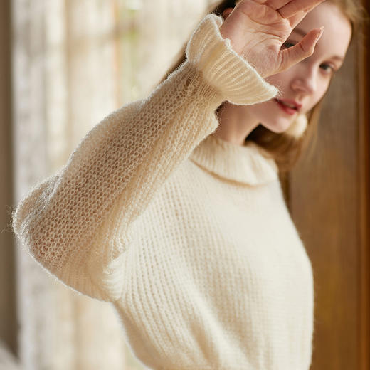 欧芮儿新品荷叶领长袖短款毛衣女宽松外穿慵懒针织衫上衣 商品图3