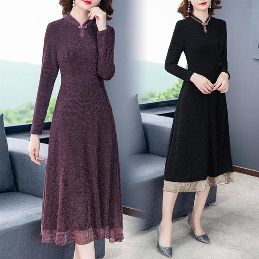 SML-8902秋季新款长袖立领高腰显瘦亮丝打底裙 商品图0