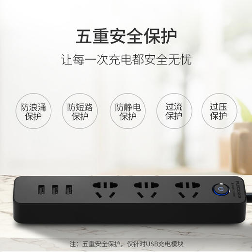 飞科 新国标插座/插线板/插排/排插/接线板/拖线板 黑色 3usb接口+3孔1.8米带安全保护门 商品图3