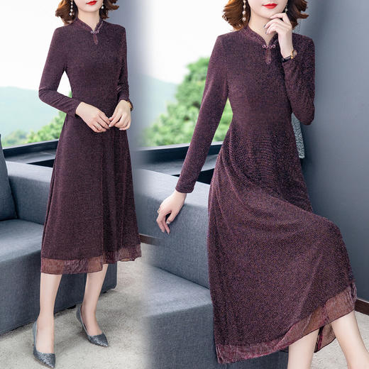 SML-8902秋季新款长袖立领高腰显瘦亮丝打底裙 商品图1