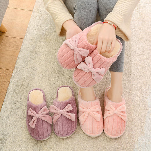 秋冬家居 蝴蝶结棉拖鞋 卧室保暖 简约毛绒拖鞋 防滑耐磨 情侣拖鞋 商品图3