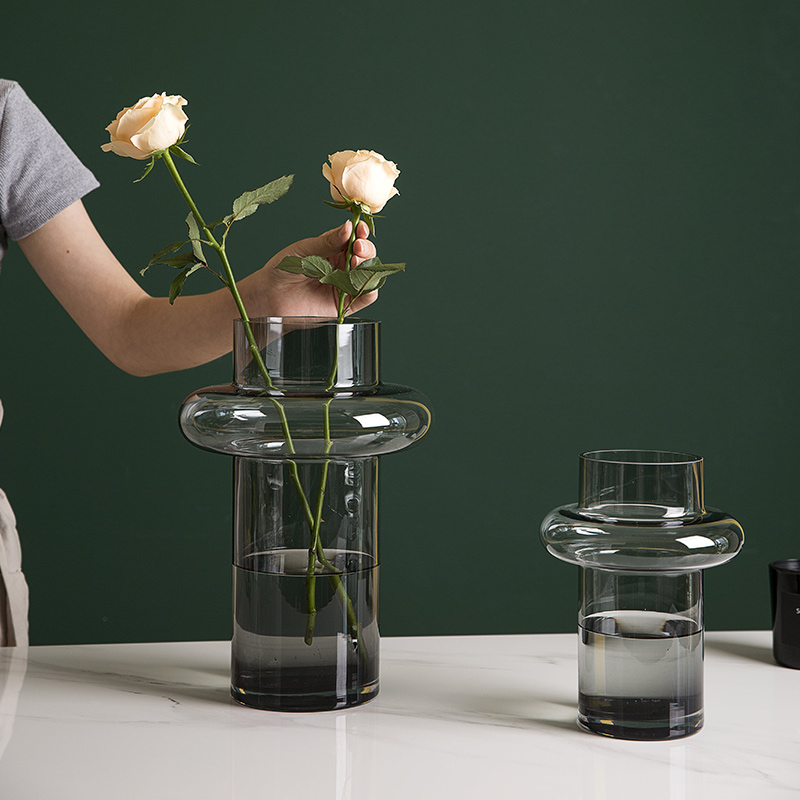 碧轩北欧轻奢灰色小蛮腰玻璃花瓶富贵竹水培插花花器家居装饰摆件