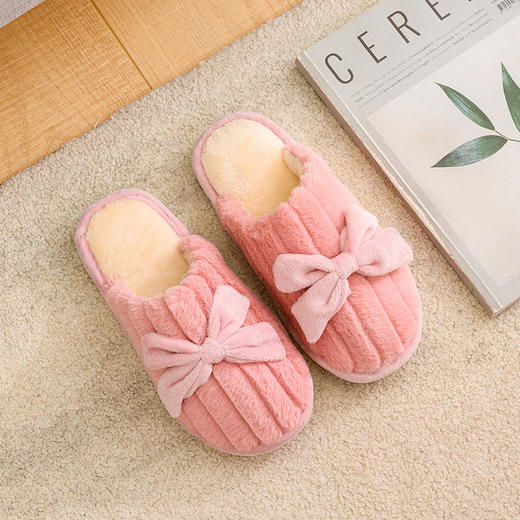 秋冬家居 蝴蝶结棉拖鞋 卧室保暖 简约毛绒拖鞋 防滑耐磨 情侣拖鞋 商品图0