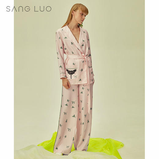 SANGLUO桑罗秋新品长袖睡衣套装 印花小猫刺绣桑蚕丝两件套女 商品图0