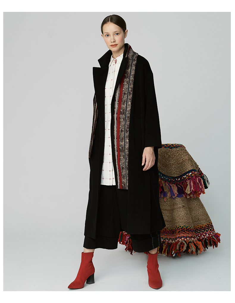 阿尤原创女装2019秋冬新款拼接复古风长款毛呢大衣女a194w23130