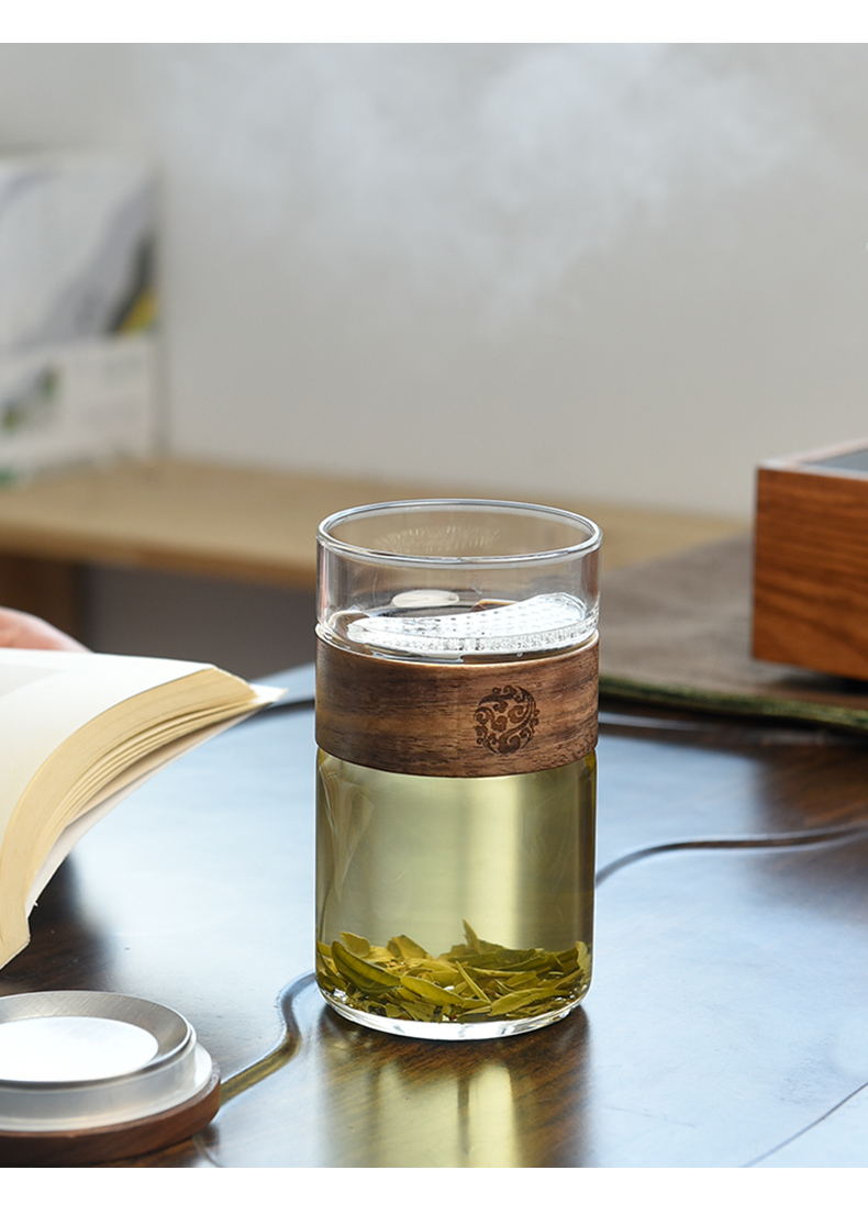 水杯玻璃办公室过滤带盖茶杯家用茶水分离杯子锤纹日式月牙绿茶杯