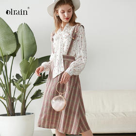 欧芮儿新款波点雪纺衬衫女背带裙连衣裙两件套时尚套装
