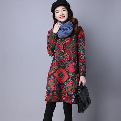 AHM hjl1666 2019秋冬新款民族风大码女装夹心棉连衣裙 商品图0