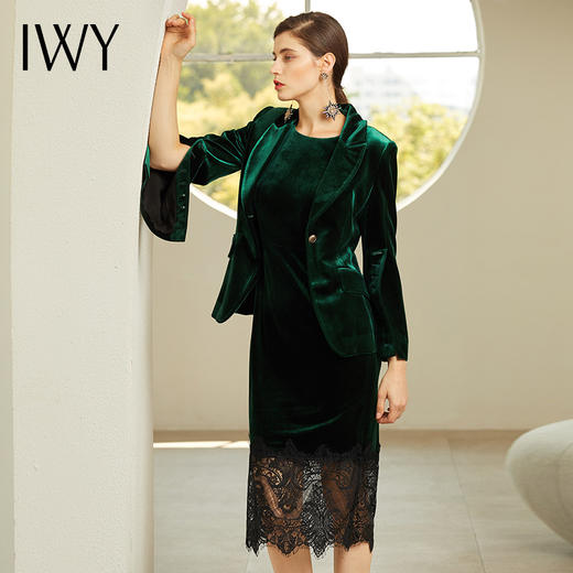 IWY/女士正装套装职业装墨绿色丝绒西装套裙商务装时尚蕾丝裙摆194003C1+Q1-1 商品图2