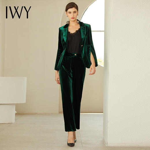 IWY/职业装女套装时尚墨绿色西装丝绒西服OL工作服商务正装面试装194003C1+P3-1 商品图1