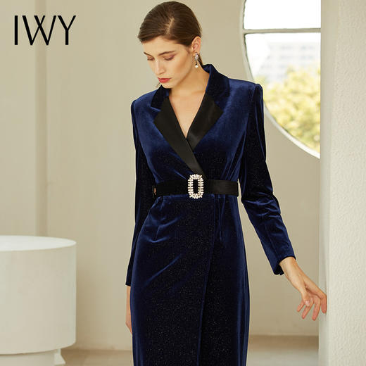 IWY/港风女装藏蓝色连衣裙名媛气质丝绒中长款过膝裙子194007Q1 商品图3