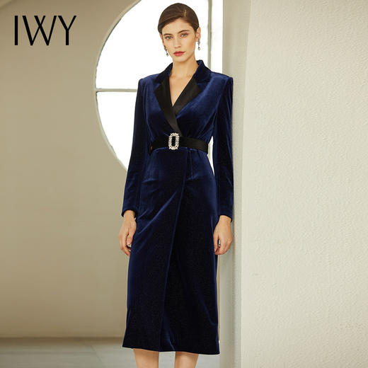 IWY/港风女装藏蓝色连衣裙名媛气质丝绒中长款过膝裙子194007Q1 商品图1