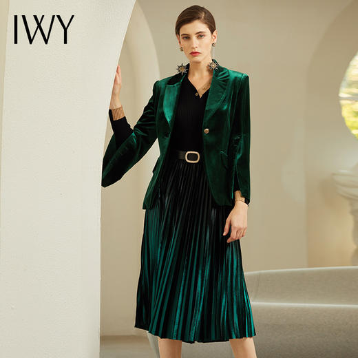 IWY/墨绿色西装套装女丝绒西服套裙百褶裙高端职业装194003C1+S9697-G-1 商品图2