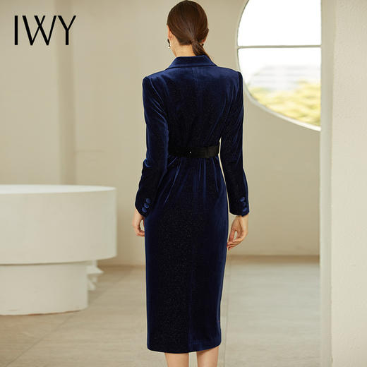 IWY/港风女装藏蓝色连衣裙名媛气质丝绒中长款过膝裙子194007Q1 商品图4