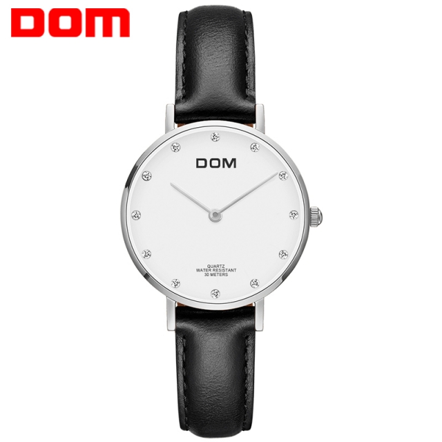 多姆(DOM)手表女士超薄新款女表时尚潮流石英手表G-36L-7M白盘黑皮带JPY带授权招加盟代理