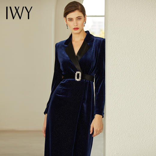 IWY/港风女装藏蓝色连衣裙名媛气质丝绒中长款过膝裙子194007Q1 商品图2