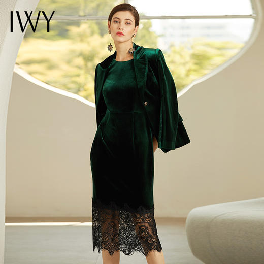 IWY/女士正装套装职业装墨绿色丝绒西装套裙商务装时尚蕾丝裙摆194003C1+Q1-1 商品图1