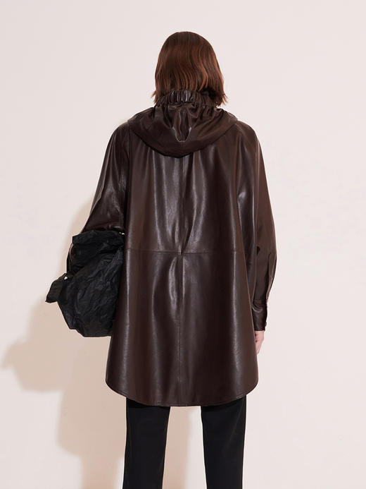 hidemi 深咖啡色廓形连帽加厚款进口羊皮大衣