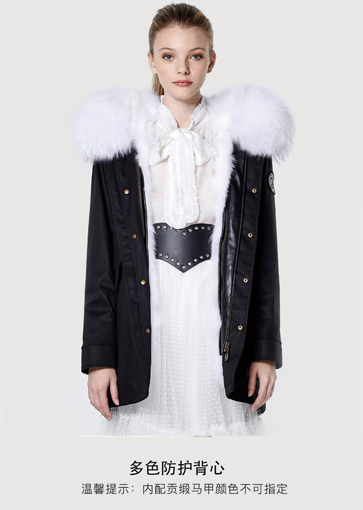ozlana2019年秋冬季新款派克皮草大衣经典白色狐狸毛防泼水黑色外壳