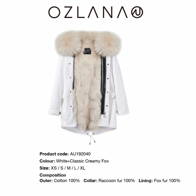 【授权商品】OZLANA 2019年新款派克皮草大衣吴昕同款192040经典奶茶色狐狸毛防泼水白色外壳女加厚 中长款女款(下单请备注尺码XS~XL码 下单后20天内发货)JPY带授权招加盟代理