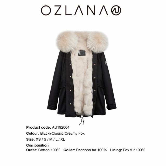 OZLANA 2019年秋冬季新款派克皮草大衣192004经典奶茶色狐狸毛防泼水黑色外壳女加厚大衣情侣款可拆卸 中长款女款 下单请备注尺码XS-XL 下单后5天内发货JPY带授权招加盟代理