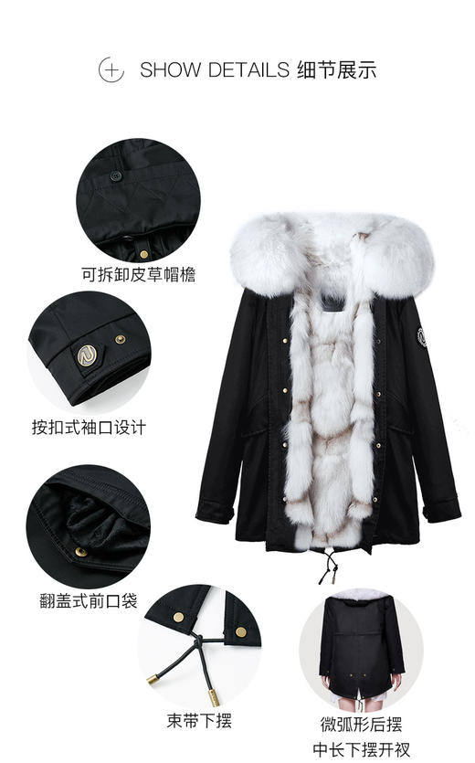 【授权商品】OZLANA经典雪狐狐狸毛派克大衣192072派克服2019冬款新款皮草外套女士加厚可拆卸大毛领鹅绒羽绒袖 中长款（下单请备注尺码XS~XL码 下单后20天内发货）JPY带授权招加盟代理 商品图6