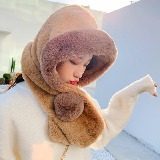 连体帽子围脖冬季保暖帽一体护耳防风滑雪帽wq大绒毛套头帽