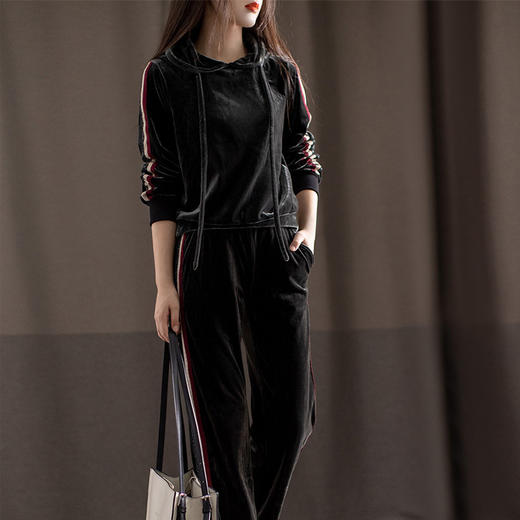 丁摩 进口金丝绒新款时髦摩登时尚运动风两件套休闲套装女19-162 商品图1