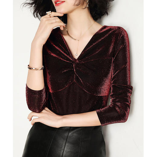 丁摩 新款轻奢复古风亮丝v领金丝绒打底衫女秋季内搭长袖上衣19-178DJ99240531 商品图1
