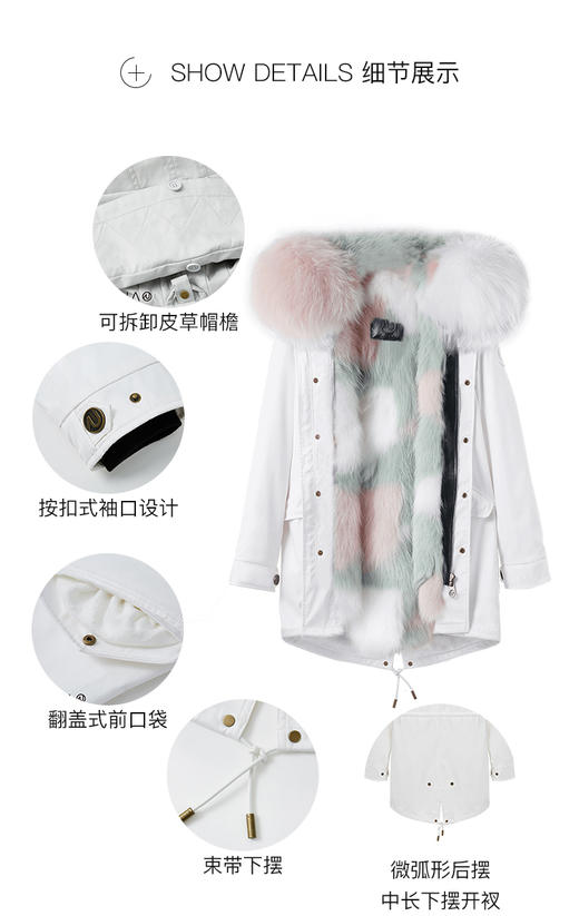 【授权商品】OZLANA绿色箭头狐狸毛派克大衣192093派克服2019冬款新款派皮草外套女士加厚保暖可拆卸大毛领鹅绒羽绒 中长款（下单请备注尺码XS~XL码 下单后20天内发货） 商品图6