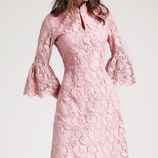 丁摩 新款粉色喇叭袖长裙真丝棉里衬复古宽松中长款蕾丝连衣裙19-170DB399240531 商品图1