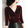 丁摩 新款轻奢复古风亮丝v领金丝绒打底衫女秋季内搭长袖上衣19-178DJ99240531 商品缩略图2