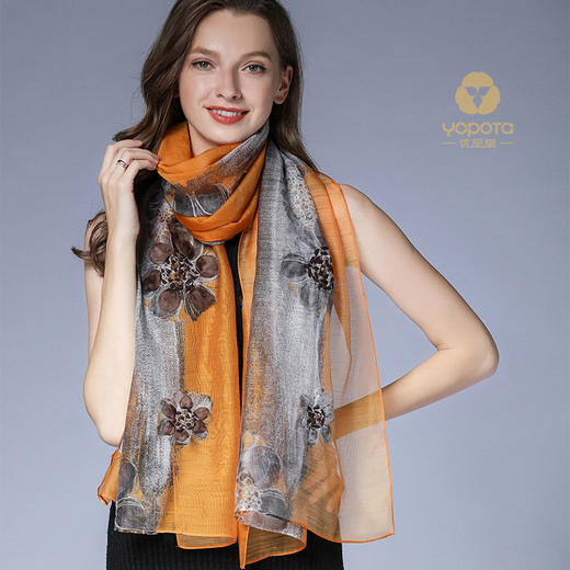 优品堂“相思慕色”精品桑蚕丝羊毛绣花长款真丝巾围巾 商品图1