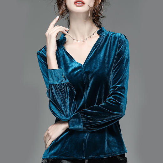 丁摩 新款金丝绒上衣女打底衫秋季复古V领时尚宽松洋气气质长袖T恤19-175DB149240531 商品图6