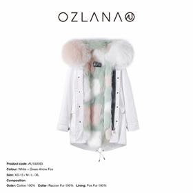 【授权商品】OZLANA绿色箭头狐狸毛派克大衣192093派克服2019冬款新款派皮草外套女士加厚保暖可拆卸大毛领鹅绒羽绒 中长款（下单请备注尺码XS~XL码 下单后20天内发货）