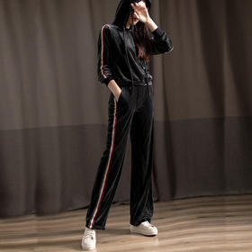 丁摩 进口金丝绒新款时髦摩登时尚运动风两件套休闲套装女19-162