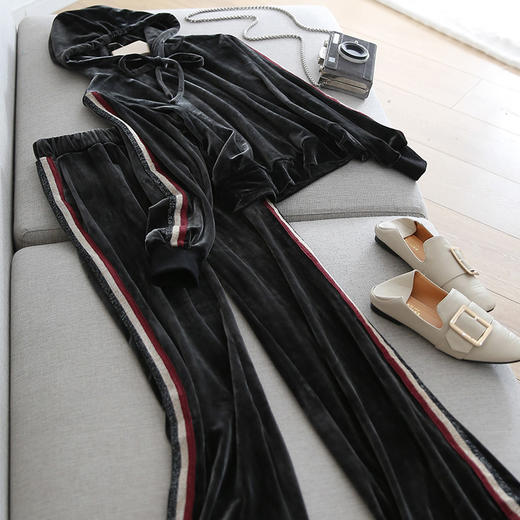 丁摩 进口金丝绒新款时髦摩登时尚运动风两件套休闲套装女19-162 商品图3