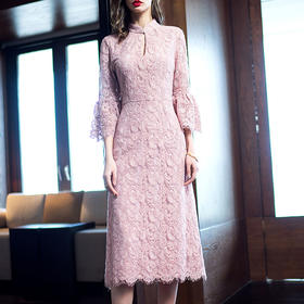 丁摩 新款粉色喇叭袖长裙真丝棉里衬复古宽松中长款蕾丝连衣裙19-170DB399240531