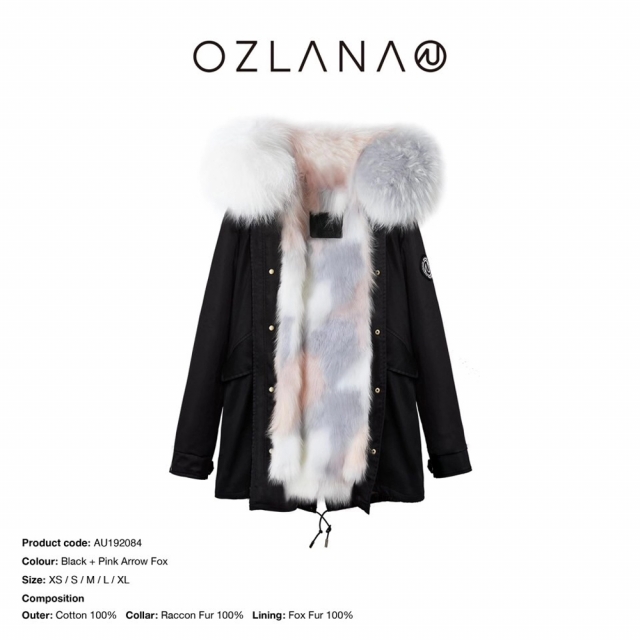 【授权商品】OZLANA粉色箭头狐狸毛派克大衣192084派克服2019冬款新款皮草外套女加厚可拆卸大毛领鹅绒羽绒袖 中长款女款（下单请备注尺码XS~XL码 下单后20天内发货）JPY带授权招加盟代理