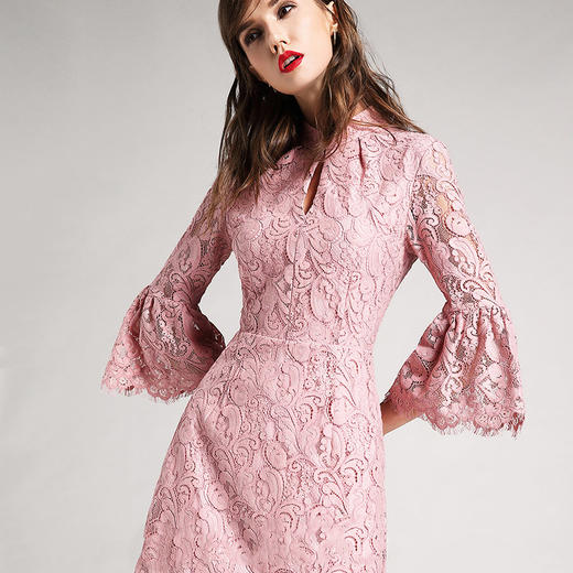 丁摩 新款粉色喇叭袖长裙真丝棉里衬复古宽松中长款蕾丝连衣裙19-170DB399240531 商品图2