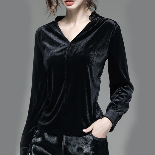 丁摩 新款金丝绒上衣女打底衫秋季复古V领时尚宽松洋气气质长袖T恤19-175DB149240531 商品图0