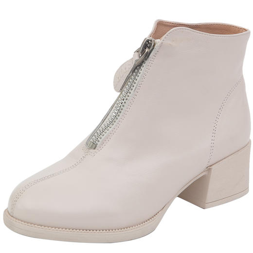 真皮时尚白色高中跟百搭款粗跟牛皮前拉链马丁靴货号ay8032