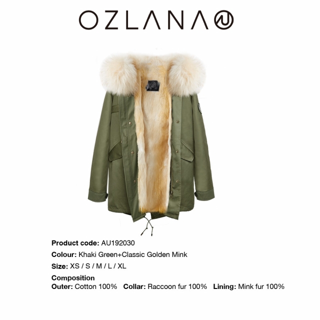 OZLANA 2019年新款派克皮草大衣192030经典金色水貂防泼水绿色外壳女士保暖加厚大衣可拆卸鹅绒袖 中长款（下单请备注尺码XS~XL码 下单后20天内发货）JPY带授权招加盟代理