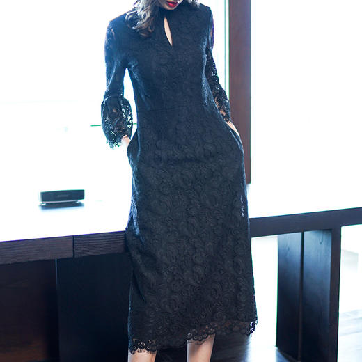 丁摩 新款粉色喇叭袖长裙真丝棉里衬复古宽松中长款蕾丝连衣裙19-170DB399240531 商品图4