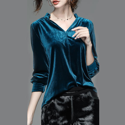 丁摩 新款金丝绒上衣女打底衫秋季复古V领时尚宽松洋气气质长袖T恤19-175DB149240531 商品图7