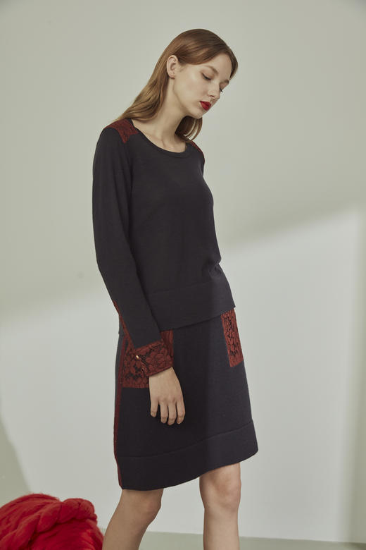 蕾丝口袋小A字加厚羊绒半身裙 SJF91W149N 商品图2