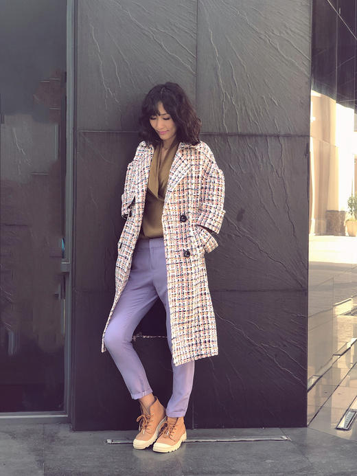 TYNVIE 羊毛混纺粗花呢boyfriend大衣-白粉格纹 商品图1