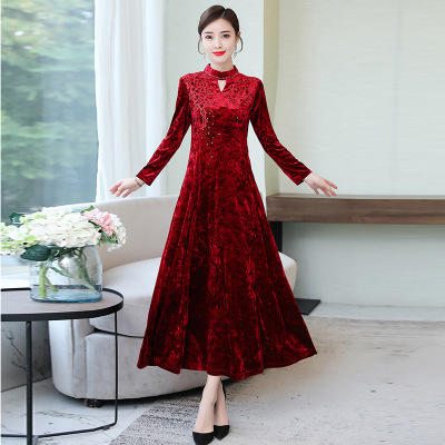 AHM5125新式改良旗袍妈妈装婚礼连衣裙女金丝绒高贵婚宴走秀礼服 商品图3