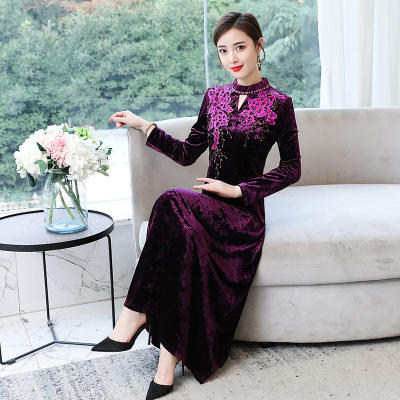 AHM5125新式改良旗袍妈妈装婚礼连衣裙女金丝绒高贵婚宴走秀礼服 商品图2